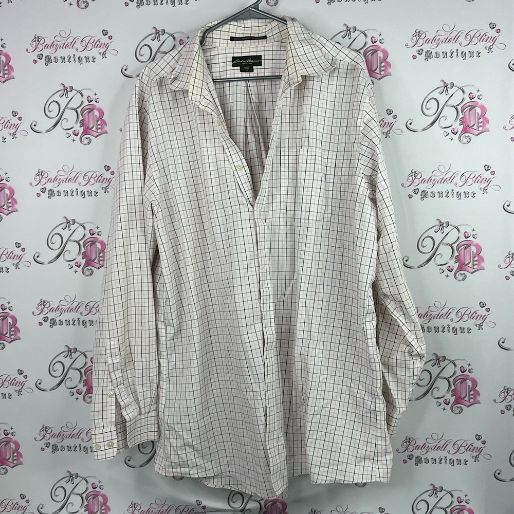 Eddie Bauer button down dress shirt wrinkle resistant White and Pink Plaid Shirt
